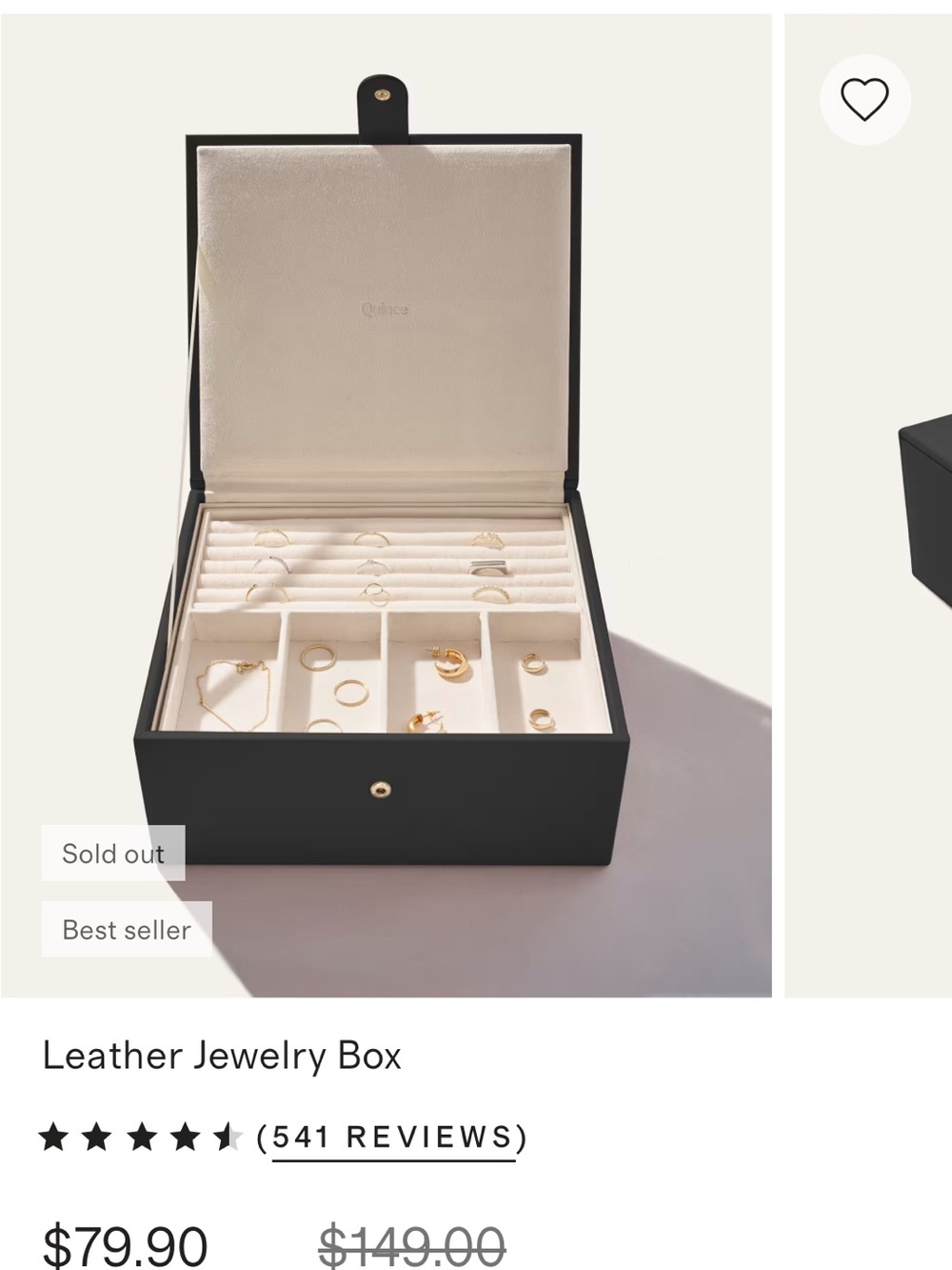 Quince Black Jewelry Box with Cream Interior